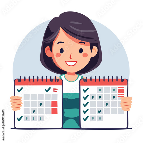 Woman holding two open calendars, flat vector illustration
