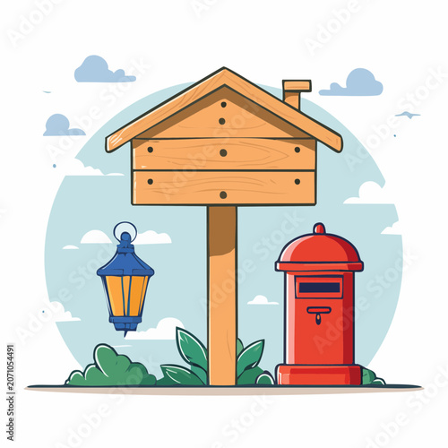 Illustration of a mailbox, signpost, and lantern