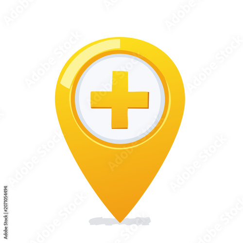 Yellow location pin with a white circle and a yellow plus symbol