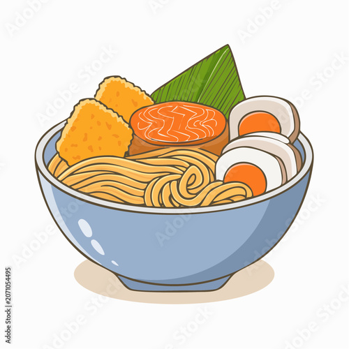Illustration of a ramen bowl with salmon, egg, and fried food