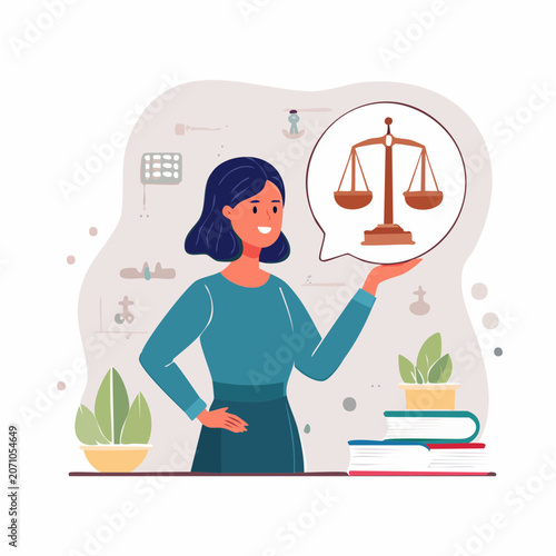Woman holding scales of justice in a speech bubble