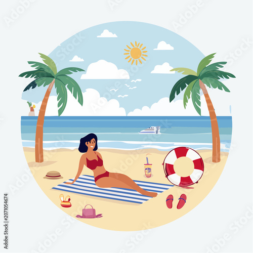 Woman relaxing on a beach with palm trees and ocean view