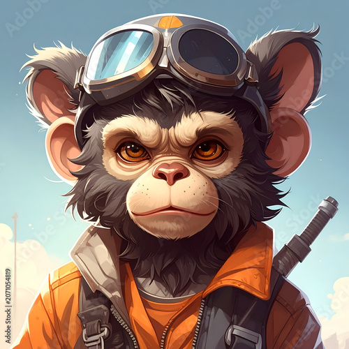 Anthropomorphic monkey pilot wearing aviation goggles and jacket.