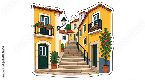 Yellow Buildings with Staircase and Balconies.