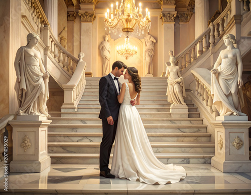 Bride and groom on grand palace staircase.