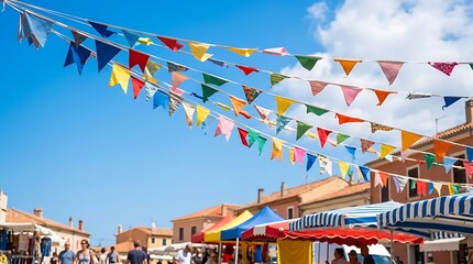 Vibrant bunting flags over a sunny mediterranean street market
