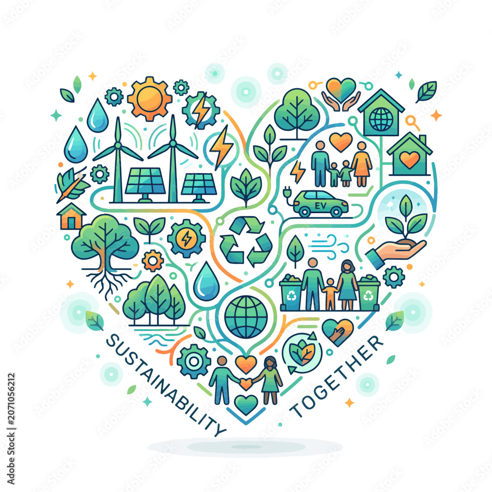Naklejka premium Heart of Sustainability: A vibrant heart-shaped illustration visually communicates the interconnectedness of ecological well-being and human society, symbolizing a commitment to a greener future.