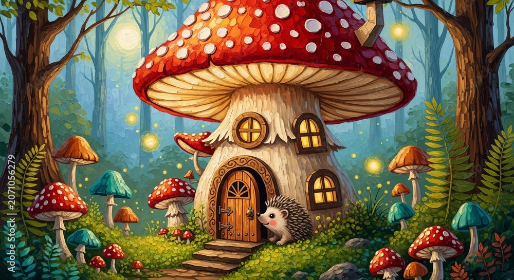 Fototapeta premium Hedgehog standing by a cozy mushroom house in a magical forest. Fantasy woodland home with glowing lights and toadstools. Enchanted nature scene for fairy tale children illustration.
