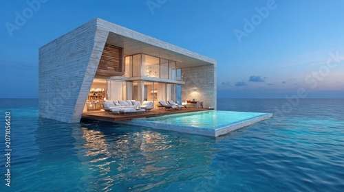 Modern concrete structure featuring expansive glass walls sits directly over turquoise ocean waters at dusk