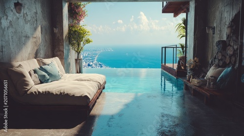 Luxurious interior space opens onto an expansive infinity pool overlooking a distant coastal cityscape.