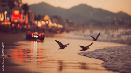 Three birds soar low over wet sand as a vehicle approaches a bustling illuminated shoreline at dusk