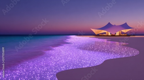 Illuminated ocean shore meeting a modern waterside pavilion during twilight hours