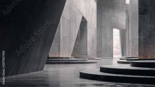 Imposing interior space featuring brutalist architectural forms with dramatic lighting and shadows