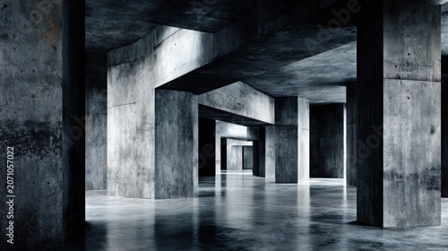 Monolithic concrete pillars define a dimly lit, subterranean architectural space.