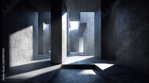 Stark geometric architecture features deep shadows cast by bright daylight entering internal spaces