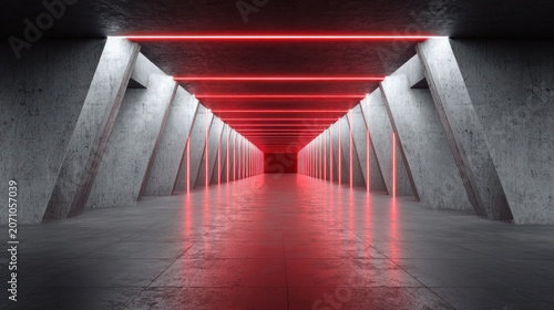 Long concrete corridor illuminated by intense horizontal red light strips