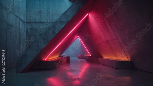 Geometric architectural space features dramatic neon lighting illuminating raw concrete surfaces