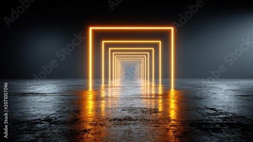 Repeated glowing square frames recede into a dark, wet environment creating an illusion of infinite depth.