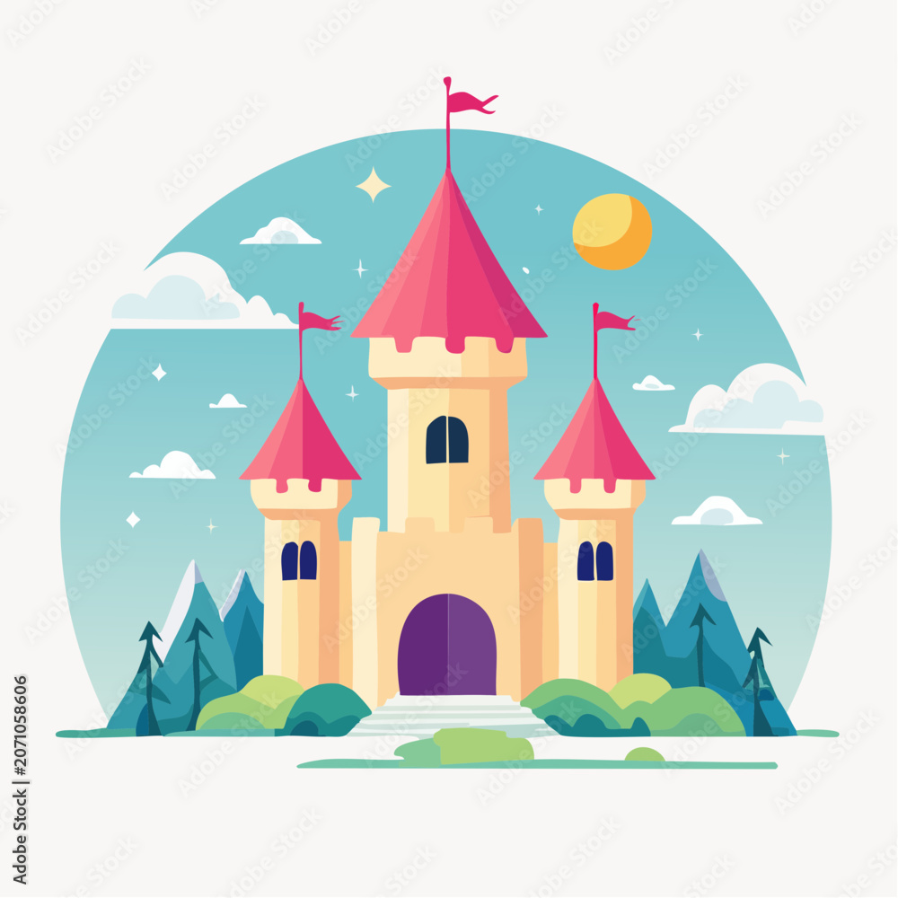 Fototapeta premium Fairytale castle illustration with flags and mountains