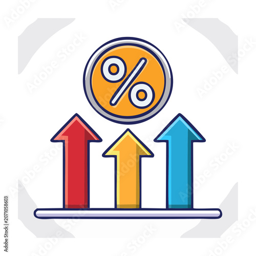 Flat design icon of percentage sign and upward arrows