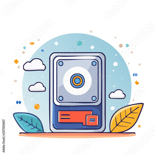 Flat design illustration of a hard drive with clouds and leaves