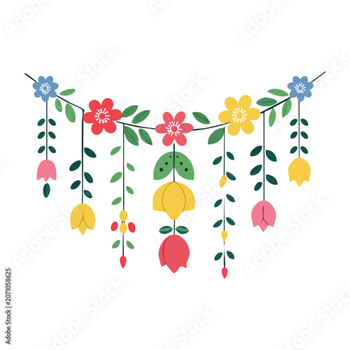 Flat design floral garland with hanging flowers and leaves
