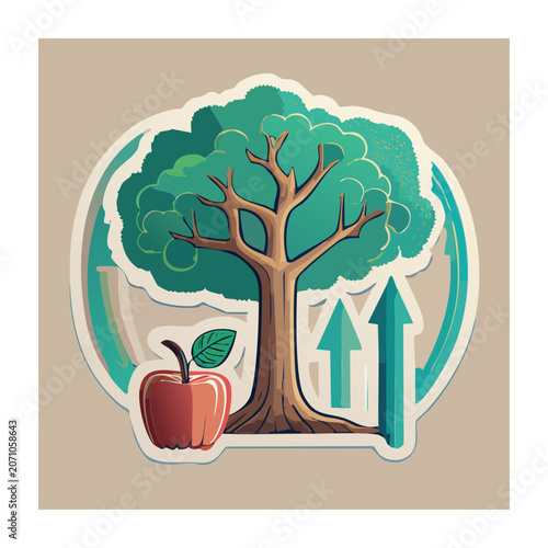 Flat design illustration of a tree with apple and growth arrows