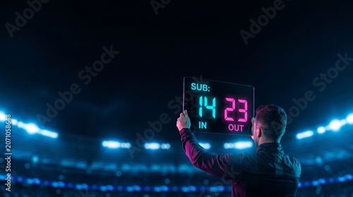 Soccer referee holding substitution board at night stadium