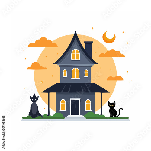 Flat illustration of a haunted house with black cats and moon