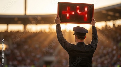 Soccer referee holding up substitution board in stadium