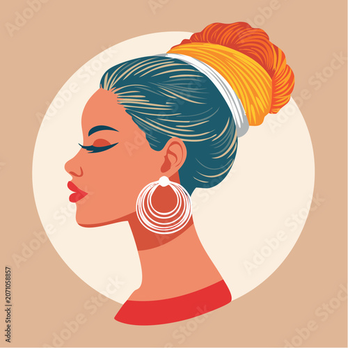 Stylized profile of a woman with colorful headwear and large hoop