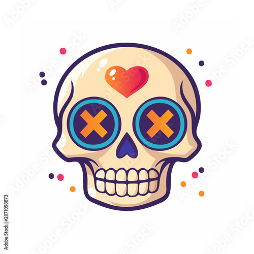 Stylized Sugar Skull with Heart and Colorful Dots