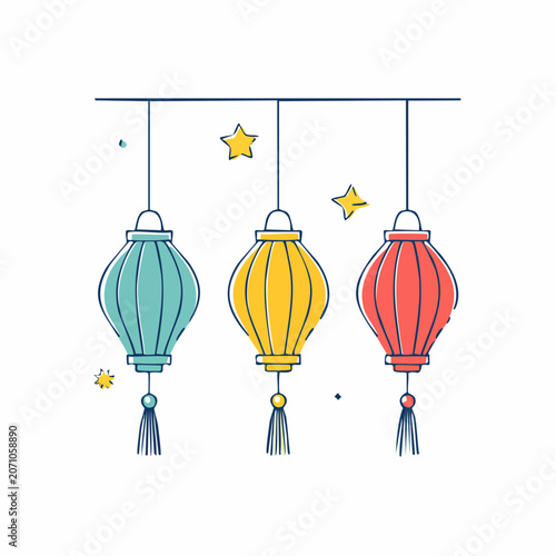 Three colorful hanging lanterns with tassels and stars