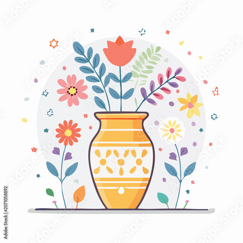 Vase with Colorful Flowers and Confetti