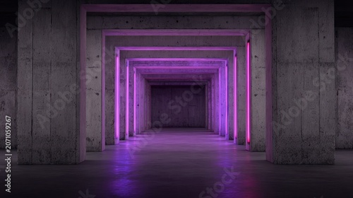 Illuminated concrete corridor recedes into dark, glowing distance with repeating frames