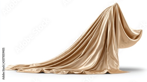 Luxurious golden fabric draped dramatically over an unseen object on a white background