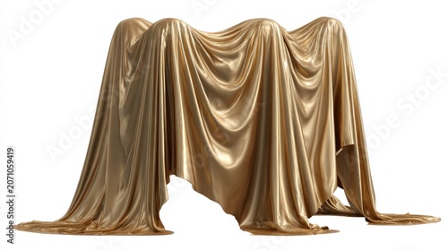 Rich golden draped fabric conceals multiple shapes beneath isolated on a white background