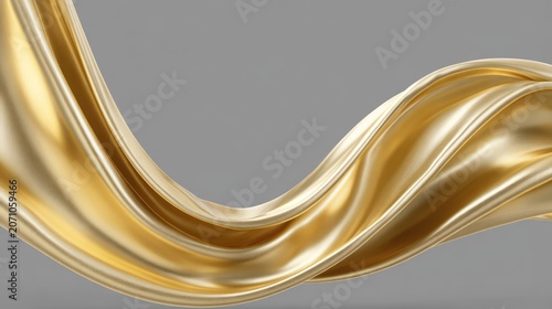 Luxurious golden fabric flows dynamically across a simple gray background creating elegant curves