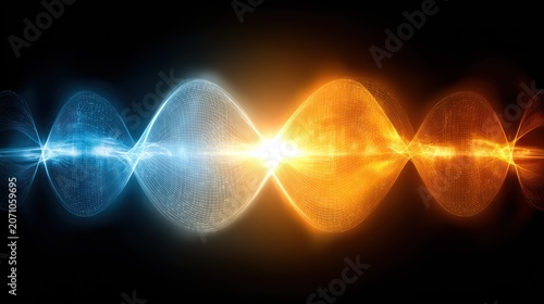Glowing energy wave pattern transitions between cool blue and warm orange light against a dark background
