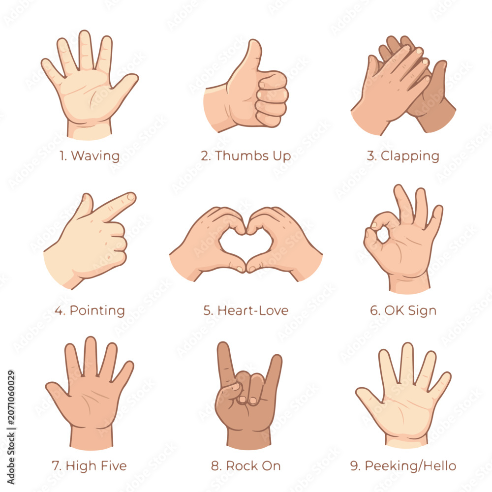 Fototapeta premium Hand Gestures Illustration Set Displaying Diverse Human Body Language Communication and Expressions