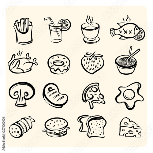 Food and everyday meal hand drawn doodle vector pack. Collection of fast food, breakfast bread, fish, steak, doughnut, and snack outline drawings on white background.