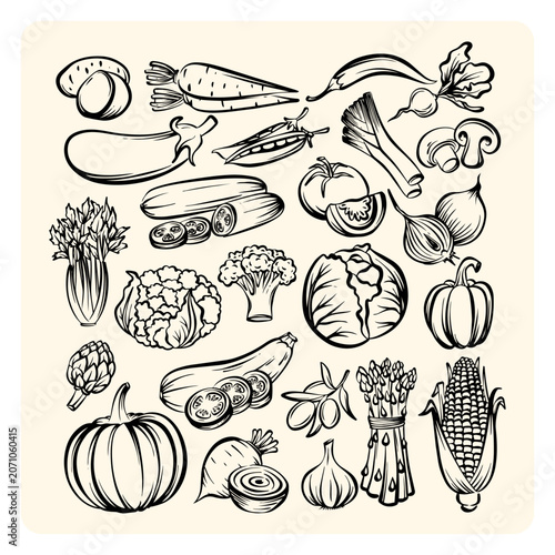 Fresh Vegetables and Healthy Organic Food Hand Drawn Pattern