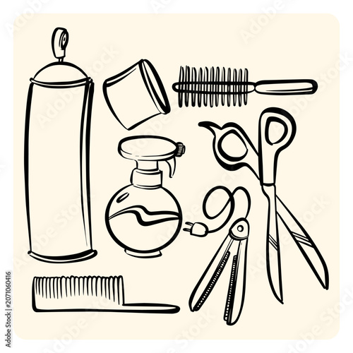 Hair Salon and Barber Shop Equipment Elements Doodle Set