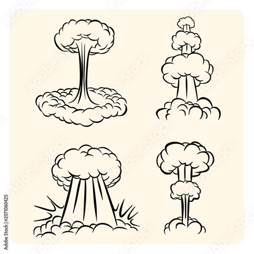 Hand drawn nuclear explosion mushroom cloud doodle vector set. Comic book style blast, bomb detonation wave, and toxic smoke puff collection isolated on white background.