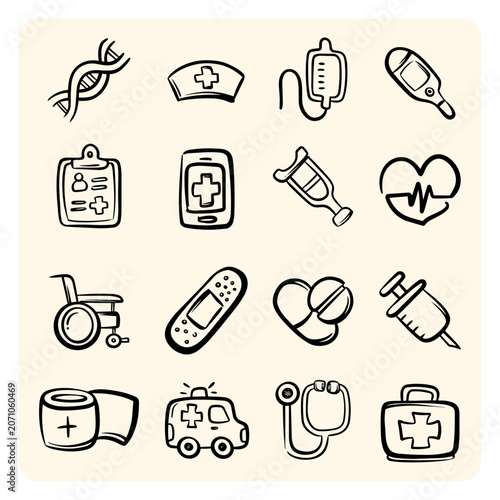 Medical and healthcare hand drawn doodle icon set. Collection of medicine, stethoscope, ambulance, first aid kit, syringe vector illustrations isolated on white background.