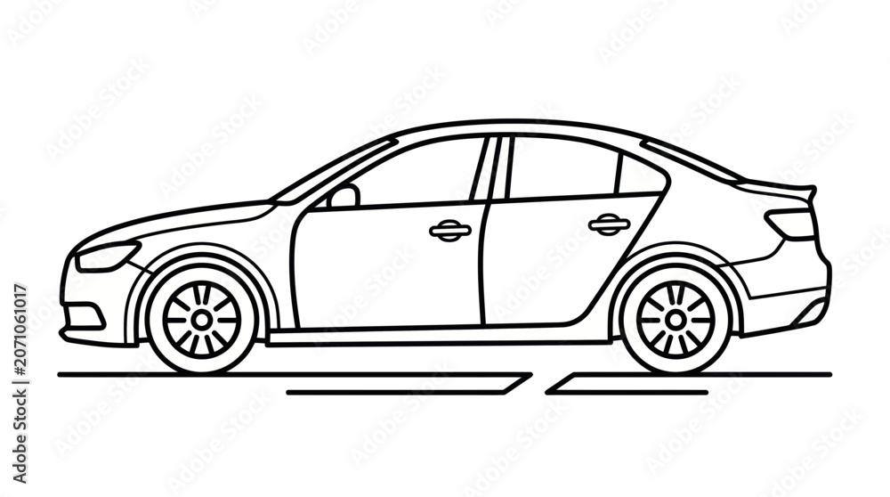 Fototapeta premium Modern Sedan Car Outline Drawing, Vector Illustration
