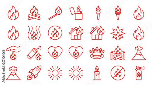Schilderij op canvas Fire Icons Set: Flame, Campfire, Match, Lighter, Torch, Danger, Heat, Burn