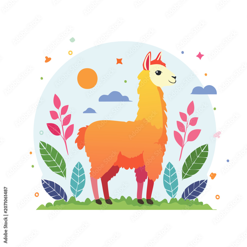 Fototapeta premium Cute llama illustration with plants and sun