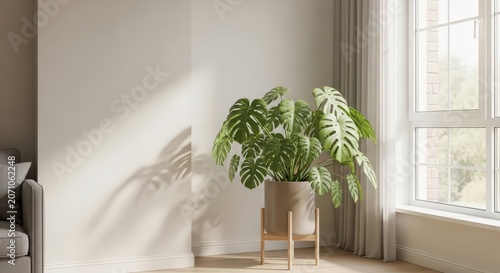 Serene Japandi Interior Mockup with Monstera Plant and Neutral Sofa, Minimalist Living Room Design, Natural Light