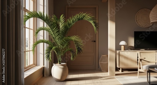Lush Kentia Palm Plant by a Sunny Window in a Japandi Style Interior, Home Decor with Natural Elements